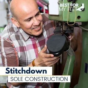 a cobbler using a machine to stich a pair of boots using the stitchdown sole footwear method