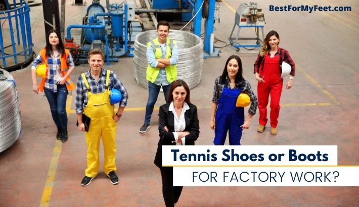 an image of a few factory workers showing what type of footwear they wear. Some they like work boots whilst others like tennis shoes.