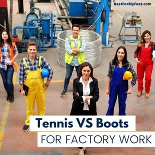 an image of a few factory workers showing what type of footwear they wear. Some they like work boots whilst others like tennis shoes.