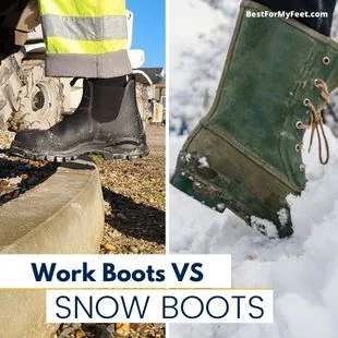 a pair of boots used for work and another pair of boots used to work or walk in snow