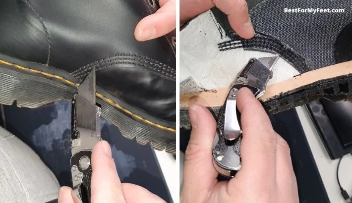 are doc martens steel toe work boot waterproof? Judging by this image we can say no, they're not waterproof and that's because the stitching goes from the outside all the way to the inside.