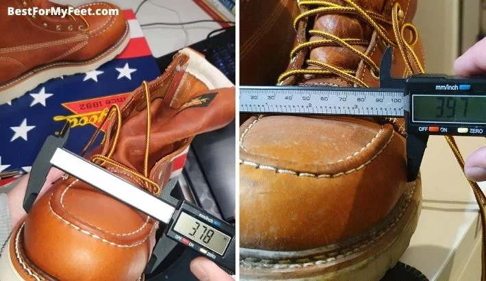 a picture showing that my Thorogood work boots have stretched out a little bit. From 3.78inches when thy were brand new to 3.97inches after a few months of wearing them.