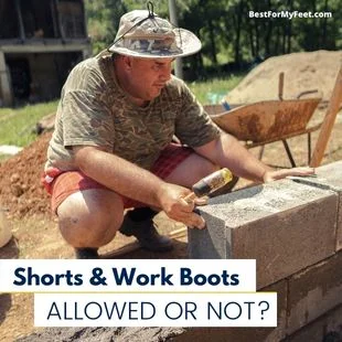 a bricklayer working outdoors wearing a pair of safety work boots and a pair of shorts due to the high temperatures outdoors.
