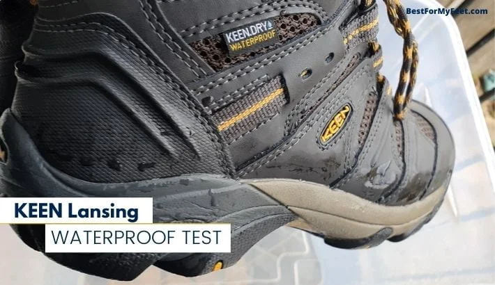 showing a wet KEEN Lansinf steel toe work boot as part of the waterproofing test.