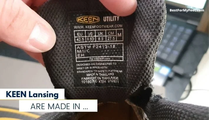 a picture showing the label on the tongue of my Keen Lansing steel toe work boots saying the Keen Lansing mid work boots are made in Thailand.