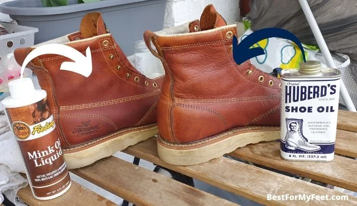 this images shows which oil darkens the leather more on my work boots the mink oil or the boot oil