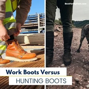 two different persons in the image. one is wearing safety work boots and the other one is wearing a pair of hunting boots.