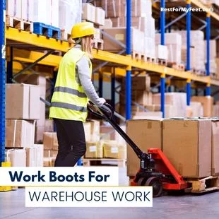 a warehouse picker moving the new order with a pallet jack wearing a PPE such as high viz jacket, safety helmet and a pair of safety toe work boots.