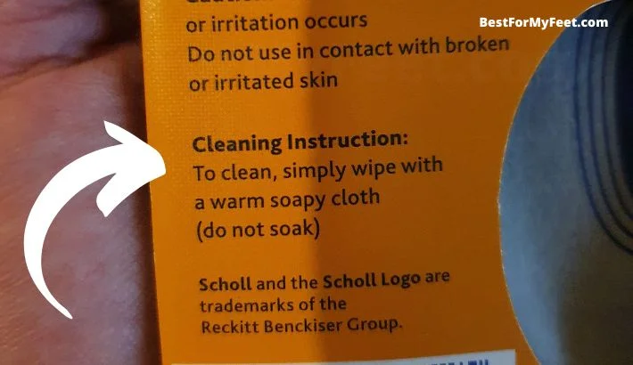 the label on my dr Scholl insoles giving instructions on how to wash the insole.