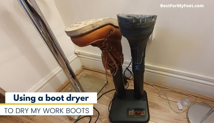 one way to stop work boots from squeaking is to not wear them wet. So what I do I put my work boots to dry overnight on a boot dryer like the one we have in this image.