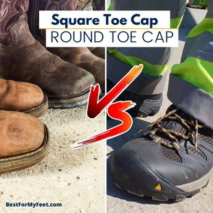 a pair of round toe work boots compared with a pair of square toe work boots