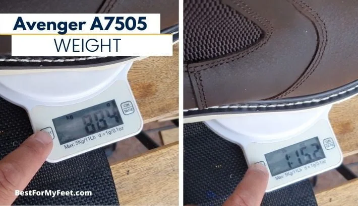 showing how much my Avenger slip on work boots weigh. Each boot weighs about 884grams.