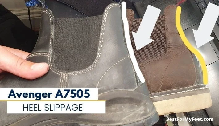 showing how the heel structure of my Avenger work boots is compared to my other slip on work boots.