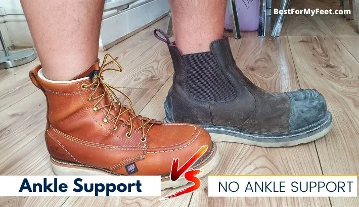 showing the difference between a pair of lace up work boots that provide ankle support versus my Avenger 7505 slip on boots that provide no ankle support.