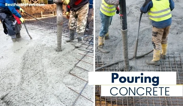 showing how Wellington work boots are used for pouring wet concrete. 