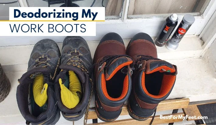 deodorizing my two pair of work boots with Banana boot inserts and KIWI boot deodorizer spray