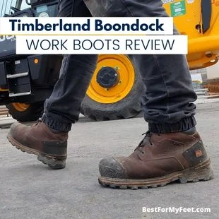 a construction worker testing and reviewing a pair of Timberland PRO 6-inch work boots