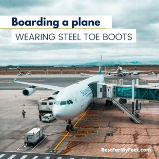 passenger's wearing steel toe boots waiting to board an airplane