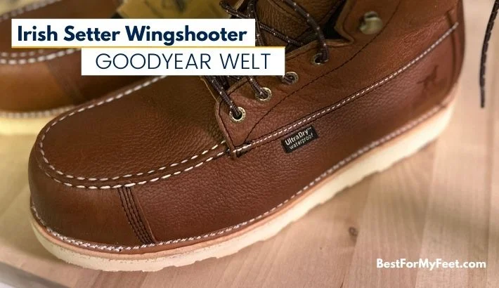 these Irish Setter safety toe work boots feature a Goodyear leather work boots
