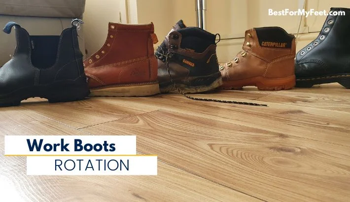 showing the different work boots I'm swapping and how I store them safely 