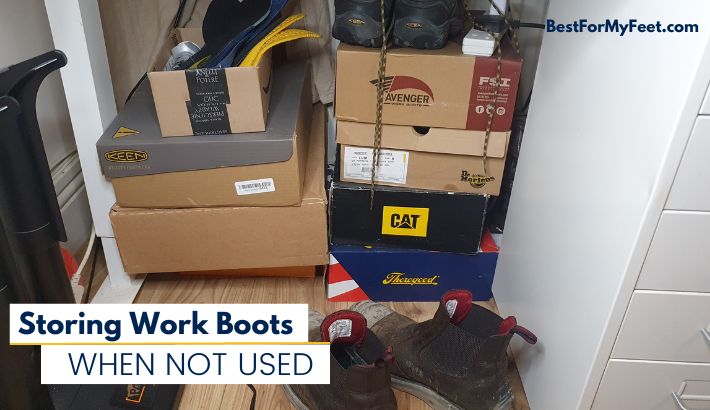 showing multiple boxes under my desk where I store my work boots when I'm not wearing them